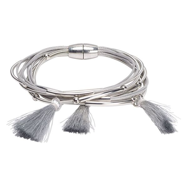 Bracelet, 10-strand, nylon / waxed cotton cord / silver-finished "pewter" (zinc-based alloy) / steel, 7.5mm wide with tassels, 7 inches with magnetic closure. Sold individually. image number 0