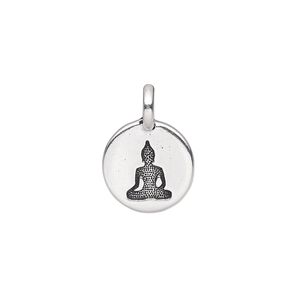 Drop, TierraCast®, antique silver-plated pewter (tin-based alloy), 11.5mm single-sided round with Buddha. Sold per pkg of 20.