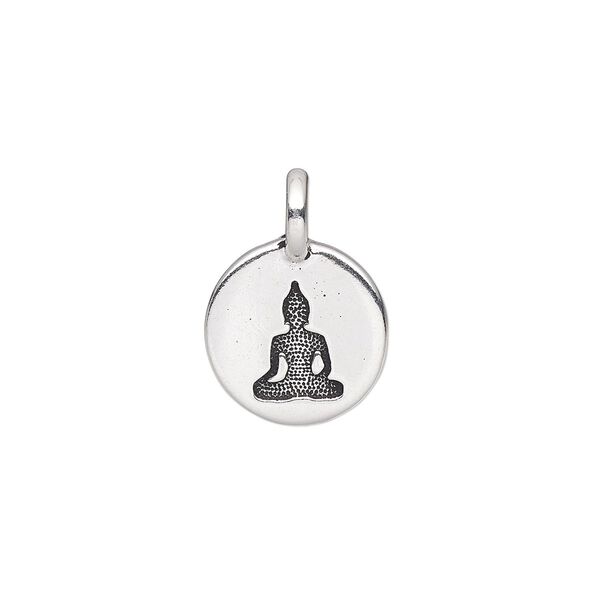 Drop, TierraCast®, antique silver-plated pewter (tin-based alloy), 11.5mm single-sided round with Buddha. Sold per pkg of 20. image number 0