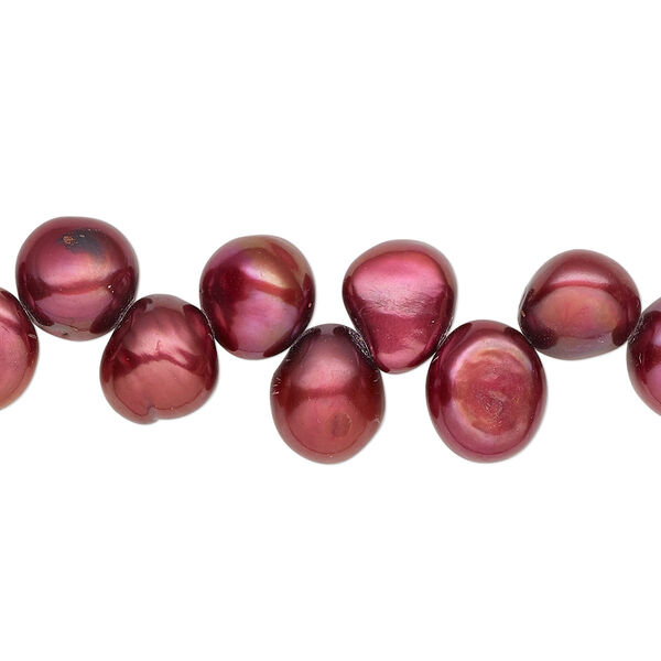 Pearl, cultured freshwater (dyed), cranberry, 7-9mm top-drilled flat-sided potato with 0.4-0.5mm hole, D grade, Mohs hardness 2-1/2 to 4. Sold per 14-inch strand. image number 0