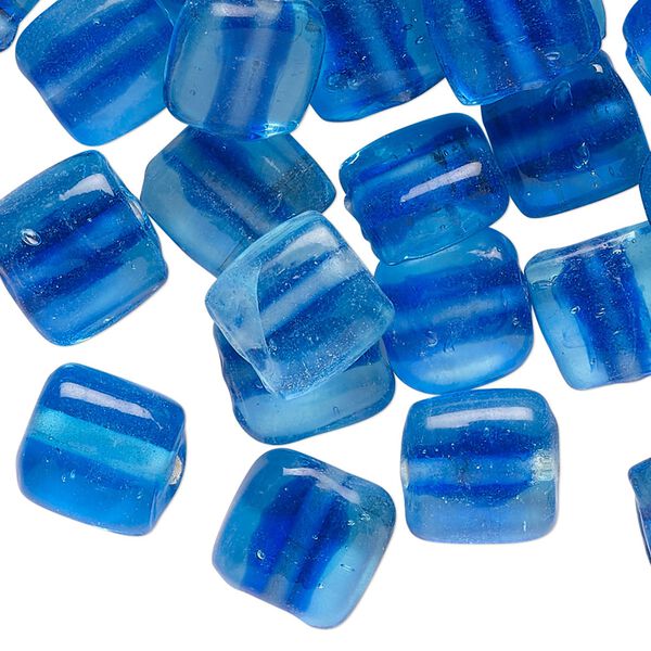 Bead, glass, translucent blue and cobalt blue, 12x11mm puffed square. Sold per pkg of 50 beads. image number 0