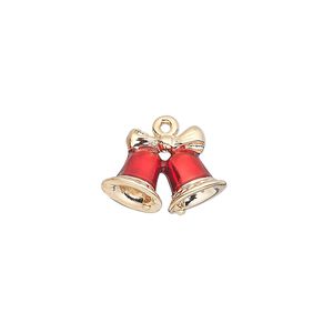Charm, gold-finished "pewter" (zinc-based alloy) and enamel, red, 16.5x12mm double-sided bells with bow. Sold individually.