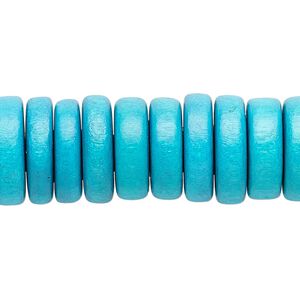 Bead, Taiwanese cheesewood (dyed / waxed), dark turquoise blue, 15x2mm-16x5mm rondelle. Sold per 8-inch strand, approximately 45 beads.