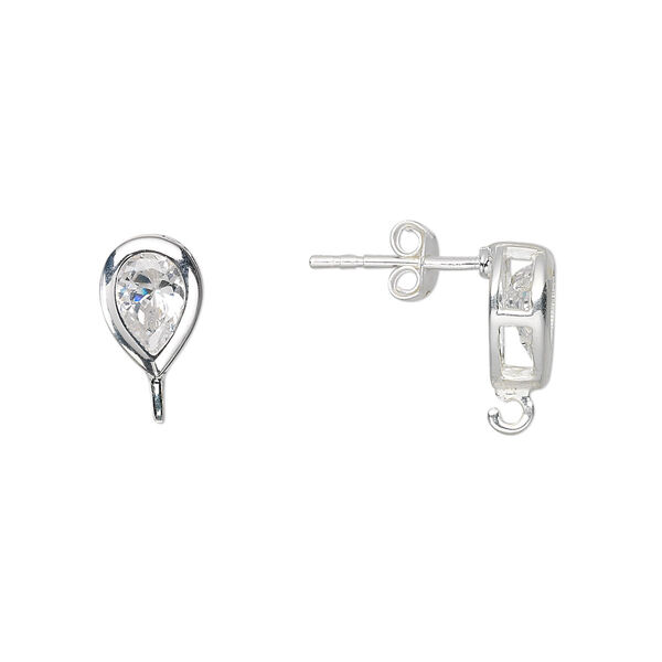 Ear stud, sterling silver and cubic zirconia, clear, 10x7mm faceted teardrop with open loop. Sold per pair. image number 0