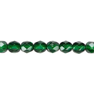 Bead, Czech fire-polished dipped décor glass, emerald green, 6mm faceted round. Sold per 15-1/2" to 16" strand, approximately 65 beads.