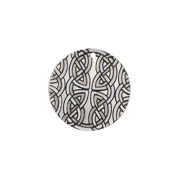 Drop, imitation rhodium-finished carbon steel, black and white, 20mm single-sided round with Celtic knot design. Sold per pkg of 4. image number 0