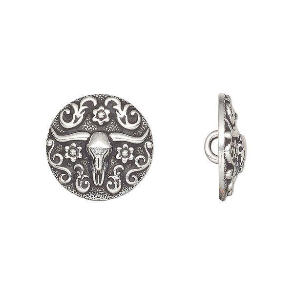 Button, TierraCast®, antique silver-plated pewter (tin-based alloy), 16mm round with longhorn design. Sold per pkg of 2. image number 0