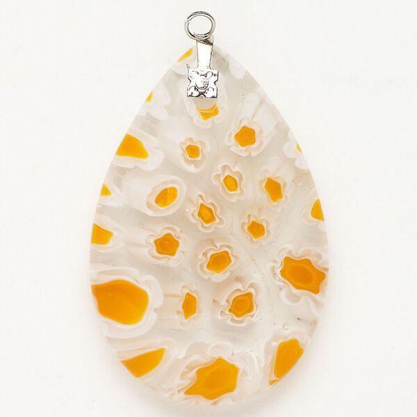 Focal 1pkg1 silver-finished steel and millefiori glass, translucent and transparent clear / white / yellow-orange, 47x30mm-48x33mm puffed teardrop. image number 0