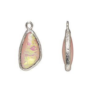 Drop, Opalized Ice™, "opal" (resin) and imitation rhodium-finished brass, opaque light pink, 19.5x11mm double-sided wing. Sold per pkg of 4.