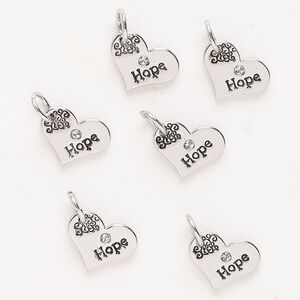 Drop "pewter" zinc-based alloy glass 6pk 12x9mm affirmation heart "Hope," antique silver finish clear
