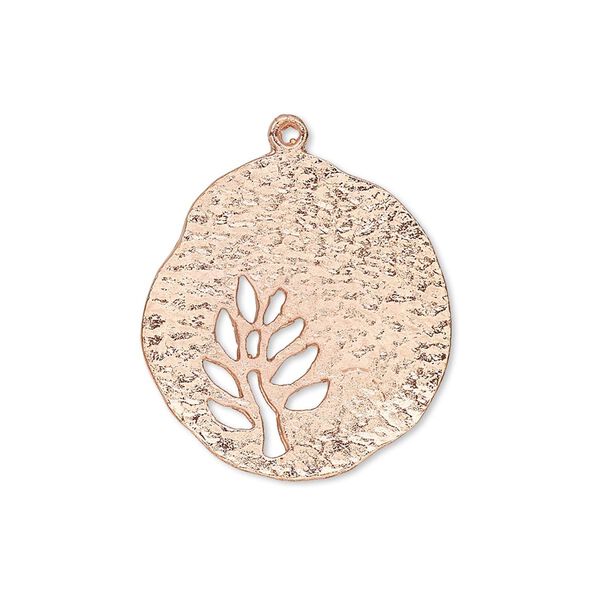 Drop, copper, 24x23mm hammered freeform with tree cutout. Sold individually. image number 0
