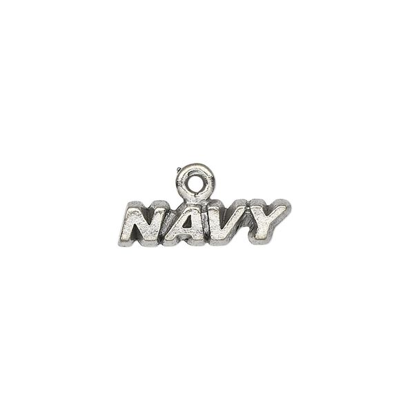 Charm, antiqued pewter (tin-based alloy), 19x5mm "NAVY." Sold per pkg of 4. image number 0
