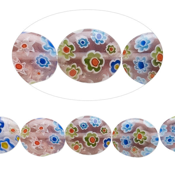 Bead, millefiori glass, transparent multicolored, 12x10mm puffed oval with 0.6-0.8mm hole. Sold per 15-inch strand. image number 0