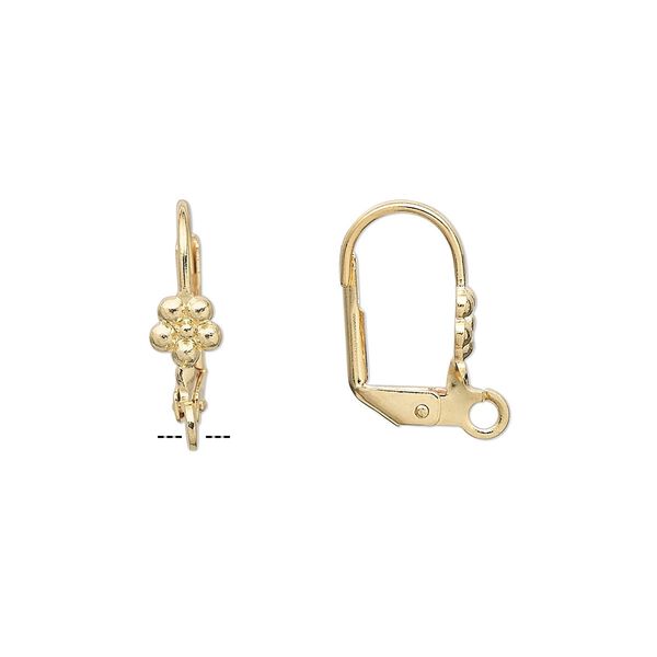 Ear wire leverback 1pkg100 gold-plated, 16mm / 5mm flower / open loop, brass 50 pair image number 0