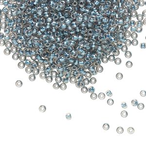 Seed bead, TOHO BEADS®, glass, pkg/7.5g, #11 round, translucent metallic blue-lined crystal clear (TR-11-288).
