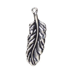 Charm, antique silver-plated "pewter" (zinc-based alloy), 31x14mm double-sided feather. Sold individually.