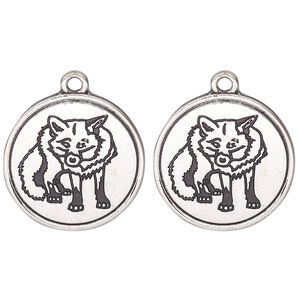 Drop, antique silver-finished "pewter" (zinc alloy) and enamel, black, 21mm round with fox design. Sold per pkg of 2.