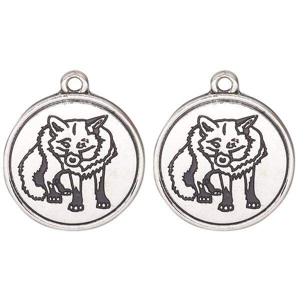 Drop, antique silver-finished "pewter" (zinc alloy) and enamel, black, 21mm round with fox design. Sold per pkg of 2. image number 0