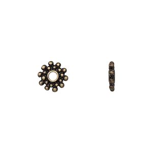 Bead, antique brass-finished "pewter" (zinc-based alloy), 9x2mm dotted rondelle. Sold per pkg of 24.