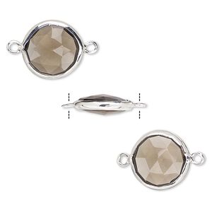 Link, smoky quartz (heated / irradiated) and sterling silver, 12mm double-sided faceted round. Sold per pkg of 2.
