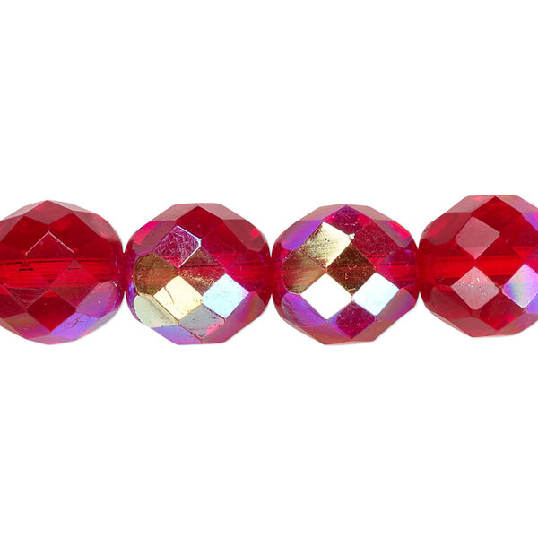 Bead, Czech fire-polished glass, pkg/15-1/2 to 16 inches, 12mm faceted round, translucent light red AB, (90080-28701). image number 0