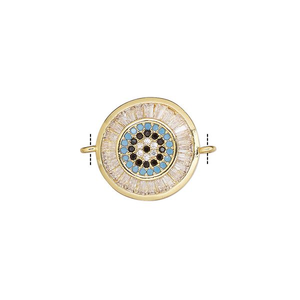 Link, cubic zirconia and gold-finished brass, clear / blue / black, 15mm single-sided round. Sold individually. image number 0