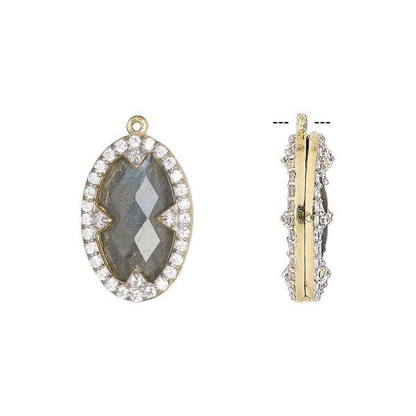 Drop, labradorite (natural) / cubic zirconia / gold-finished sterling silver, clear, 18x12mm double-sided faceted oval. Sold individually. image number 0