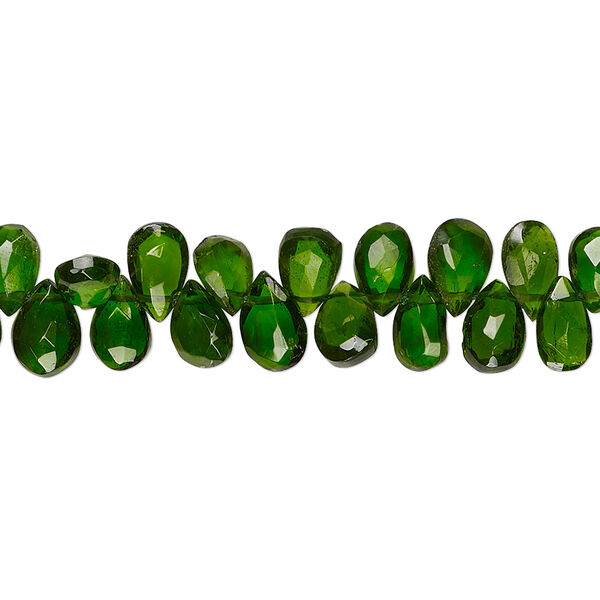Bead, chrome diopside (natural), 5x4mm-7x5mm hand-cut top-drilled faceted puffed teardrop, B+ grade, Mohs hardness 5-1/2 to 6. Sold per 4-inch strand, approximately 35 beads. image number 0