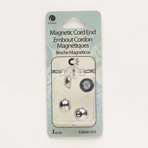 Clasp magnetic glue-in 1pkg3, 11x9mm round, fits 3.2-3.33mm cord, silver-finished steel 1-strand