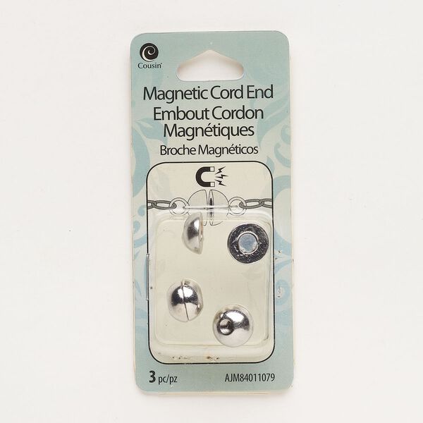 Clasp magnetic glue-in 1pkg3, 11x9mm round, fits 3.2-3.33mm cord, silver-finished steel 1-strand image number 0