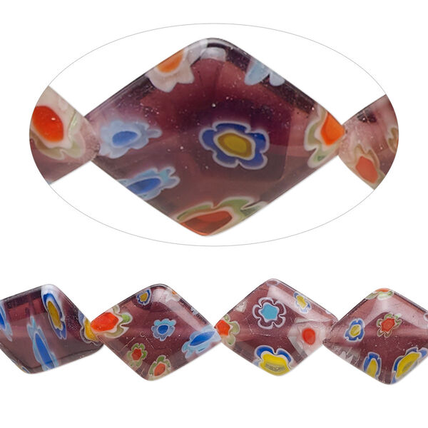 Bead, millefiori glass, translucent multicolored, 13x10mm-14x10mm puffed diamond. Sold per 15-inch strand, approximately 30 beads. image number 0