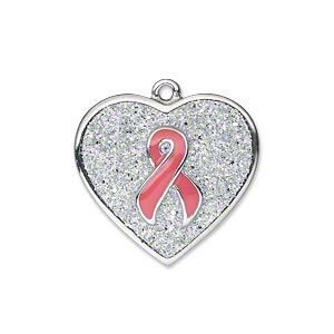 Charm, silver-plated "pewter" (zinc-based alloy) and enamel, pink with silver-colored glitter, 24x23mm heart with single-sided awareness ribbon. Sold individually.