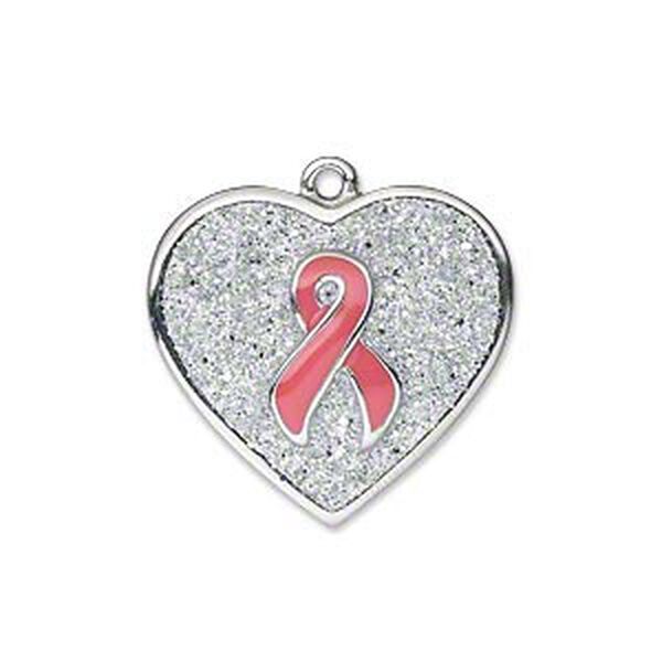 Charm, silver-plated "pewter" (zinc-based alloy) and enamel, pink with silver-colored glitter, 24x23mm heart with single-sided awareness ribbon. Sold individually. image number 0