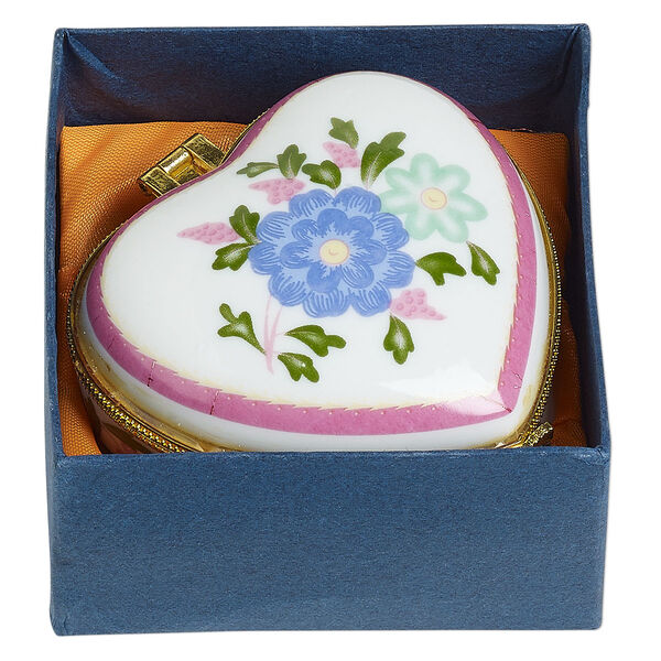 Trinket box, porcelain / acrylic / gold-finished "pewter" (zinc-based alloy), white and multicolored, 1-1/2x1-inch to 3x2-inch heart with floral decal. Sold per . image number 0
