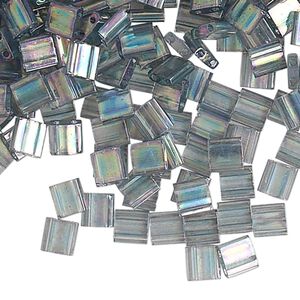 Seed bead, TILA®, glass, pkg/40g, 5mm full tila square, translucent rainbow luster dark grey, (TL-2440D).