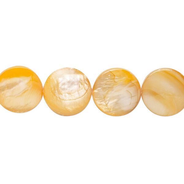 Bead, mother-of-pearl shell (dyed), orange, 11-12mm flat round with 0.6-1mm hole, Mohs hardness 3-1/2. Sold per 15-inch strand. image number 0