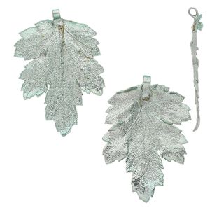 Pendant, silver-plated tin and natural leaf, green, 21x17mm-47x37mm chrysanthemum. Sold per pkg of 2.