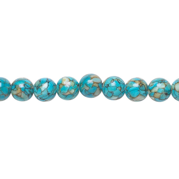 Bead, mosaic "turquoise" (magnesite) (dyed / assembled), blue, 6mm round, B grade, Mohs hardness 3-1/2 to 4. Sold per 15-1/2" to 16" strand. image number 0