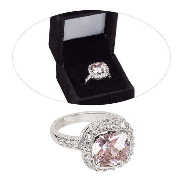 Ring, cubic zirconia and rhodium-finished brass, pink and clear, 15.5mm rounded square with cutout hearts design, size 8. Sold individually. image number 0