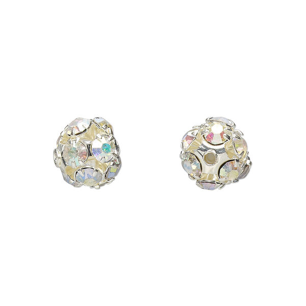 Bead, Egyptian crystal rhinestone and imitation rhodium-plated brass, clear AB, 8mm round. Sold per pkg of 6. image number 0