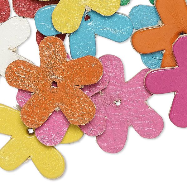 Component, leather (dyed), assorted colors, 22x21mm jasmine flower. Sold per pkg of 16. image number 0