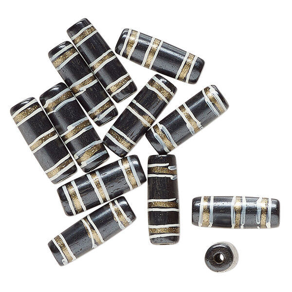Bead, bone (dyed), black / white / gold, 25x9mm-24x7mm hand-painted tube with line design. Sold per pkg of 12. image number 0