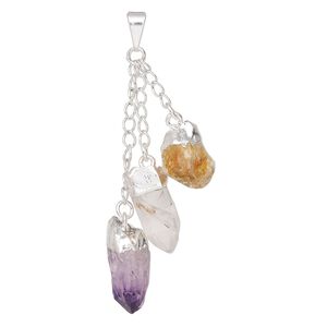 Pendant, Everyday Jewelry, silver-plated brass and multi-gemstone (natural / heated), 49-51mm with (3) dangling freeform points. Sold individually.
