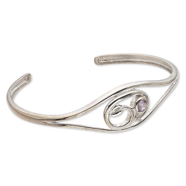 Bracelet, cuff, sterling silver and amethyst (natural), 5mm faceted round, 3-19mm tapered band, 7 inches. Sold individually. image number 0
