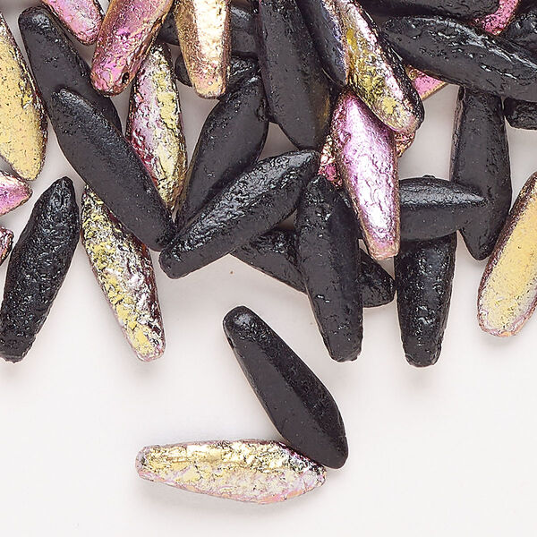 Bead 1pkg100 glass 16x3mm-16x5mm top-drilled dagger, half-coated fuchsia iris opaque black image number 0