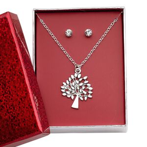 Necklace and earring set, glass rhinestone / silver-finished brass / steel / "pewter" (zinc-based alloy), clear, 25.5x23mm tree, 15" to 16" necklace with 3-inch extender chain and lobster claw clasp, 5mm round with post. Sold per set.