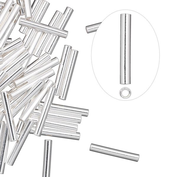 Crimp, sterling silver, 13x2mm cut tube, 1.4mm inside diameter. Sold per pkg of 100. image number 0