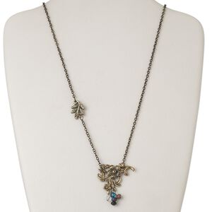Necklace, antiqued brass-finished "pewter" (zinc-based alloy) and steel and acrylic, multicolored, 18x12mm branch with leaves and 35x35mm flower cluster, 32 inches with lobster claw clasp. Sold individually.