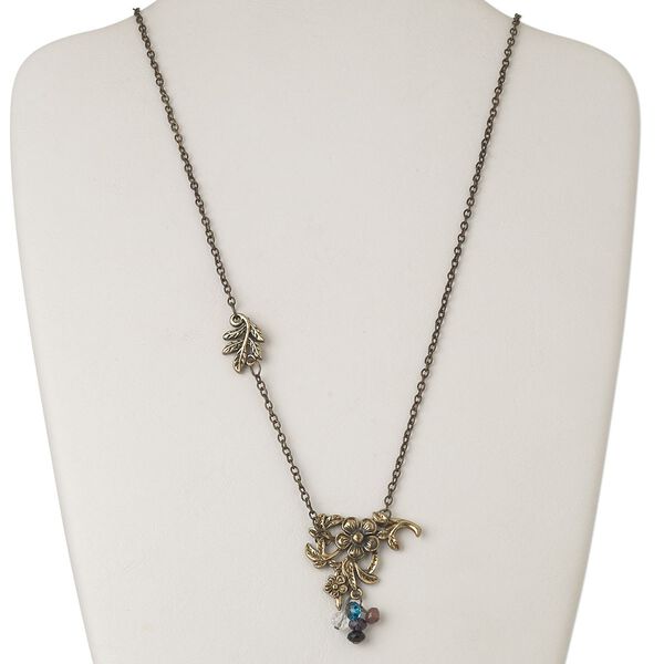 Necklace, antiqued brass-finished "pewter" (zinc-based alloy) and steel and acrylic, multicolored, 18x12mm branch with leaves and 35x35mm flower cluster, 32 inches with lobster claw clasp. Sold individually. image number 0