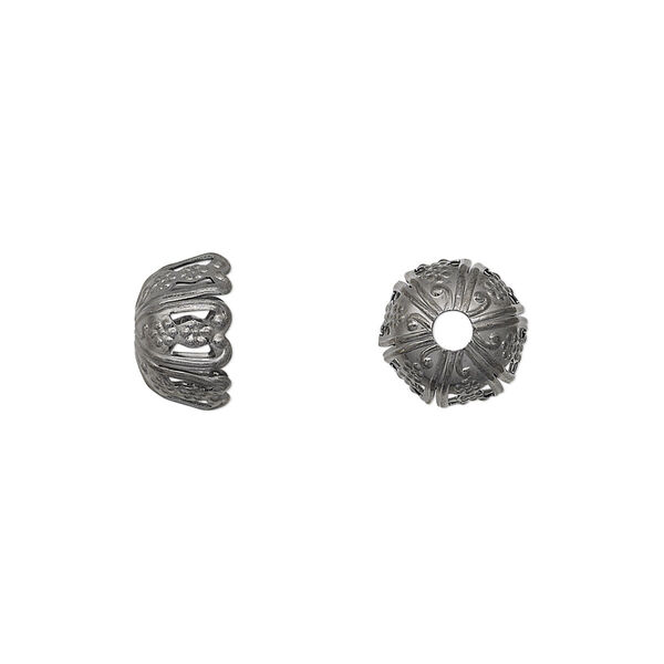 Bead cap, gunmetal-plated brass, 10x6mm fancy round, fits 10-12mm bead. Sold per pkg of 50. image number 0